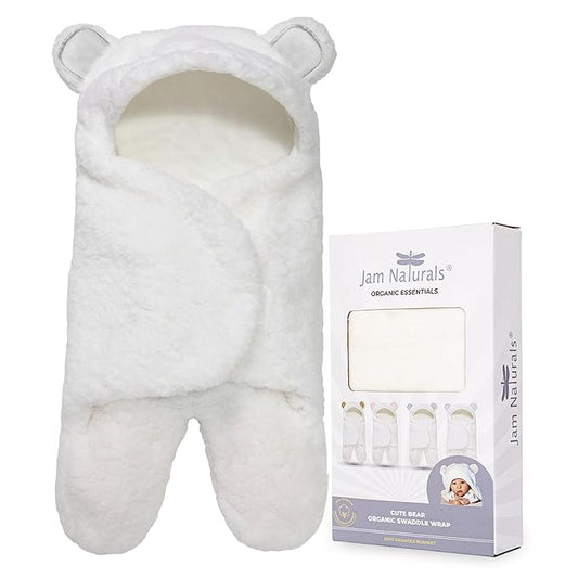 Jam Naturals-Cute Bear Organic Newborn Swaddle Wrap- Gender Neutral Soft Baby Blanket (White, 3-6m)-BubblyBeeBaby