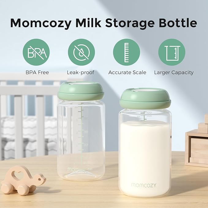 Momcozy Natural Baby Bottle, 10oz Wide-Neck Breast Milk Container, Breastmilk Storage Bottle for Fridge & Momcozy Breast Milk Cooler, BPA Free Milk Collection Bottles, Breastfeeding Essential, 4PCS-BubblyBeeBaby