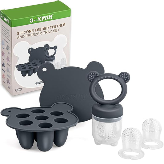 JEXFUN Silicone Baby Food Feeders + Freezer Tray for Batch Prep, Introduce New Foods Safely, Double as Silicone Teething Toys, BPA Free Silicone Feeder for Safe Infant Self Feeding - (Dark Grey)-BubblyBeeBaby