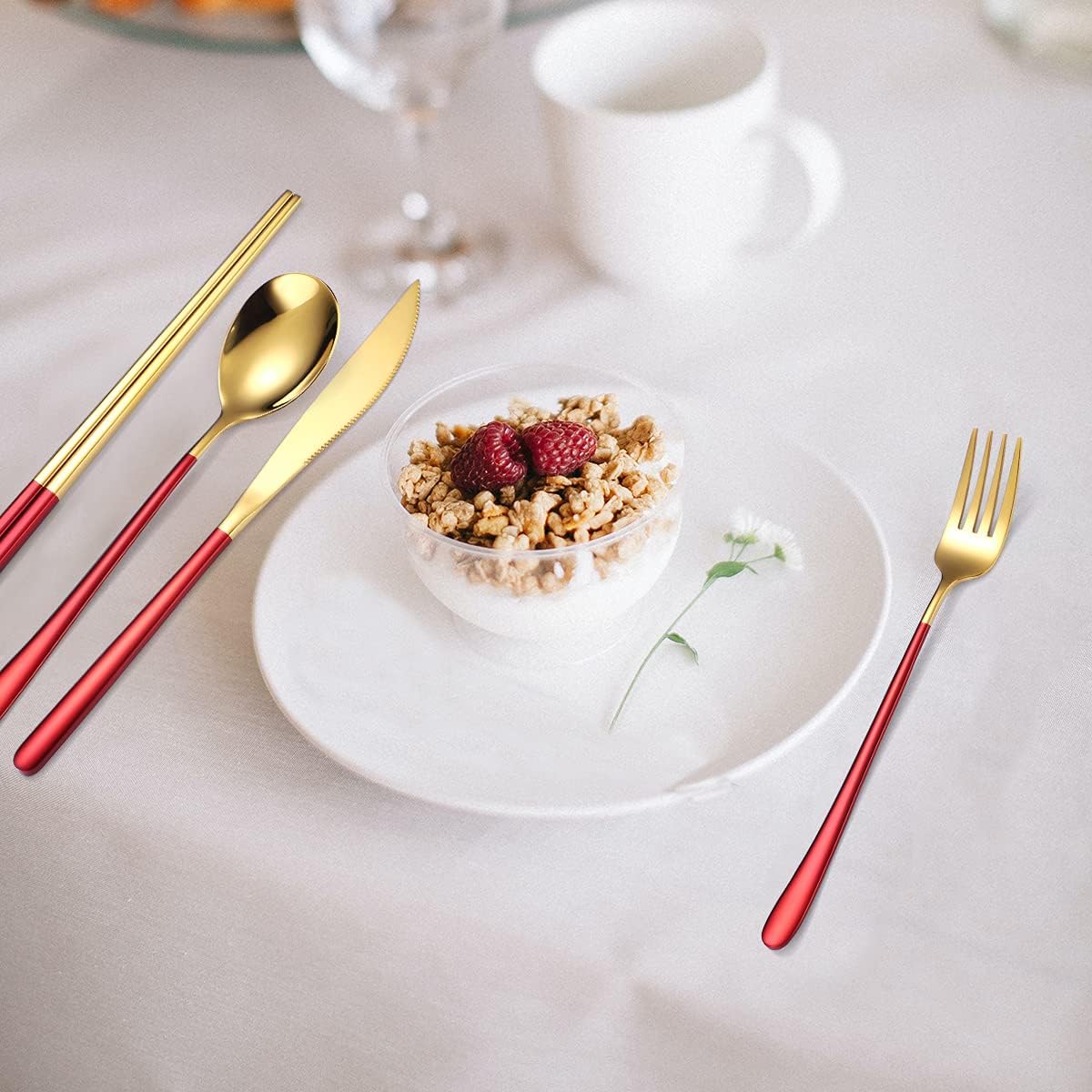 AARAINBOW 6 Pieces 18/8 Stainless Steel Flatware Set Portable Reusable Cutlery Set Travel Utensils Set Including Chopsticks Knife Fork Spoon Straws Cleaning Brush Dishwasher Safe (Red golden)