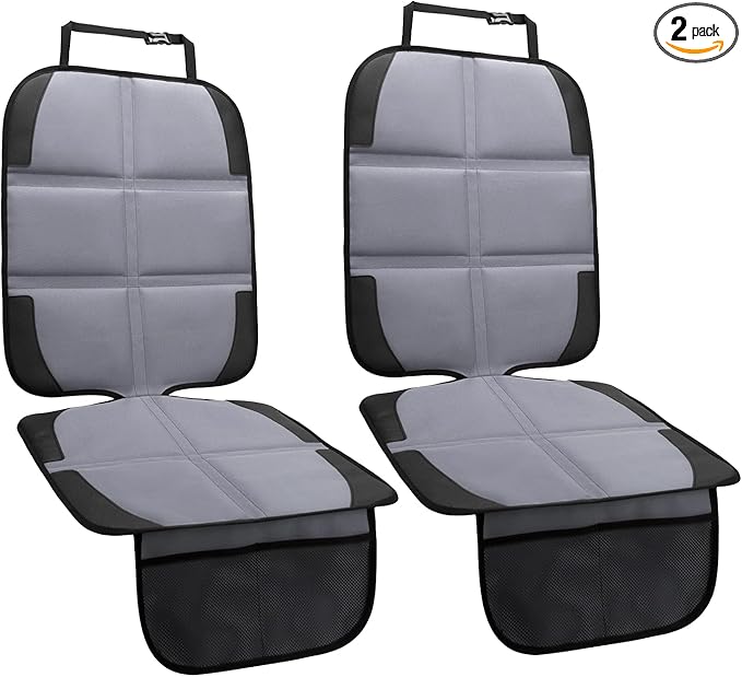 Car Seat Protector 2 Pack Baby Car Seat Covers with Mesh Pockets & Non-Slip Backing 600D Durable Seat Protector Under Baby Car Seat (Gray, Standard)-BubblyBeeBaby