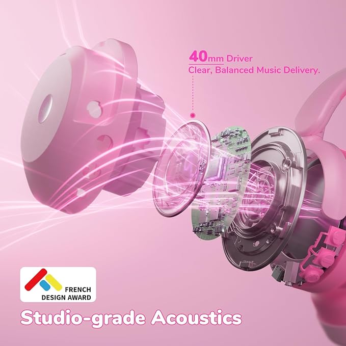 iClever BTH20 Active Noise Cancelling Headphones for Kids, 60H Play Time,Type C Fast Charging, Safe Volume 80dBA, Bluetooth5.4, Award-Winning Kids Headphones Wireless for iPad Tablet Airplane, Pink-BubblyBeeBaby