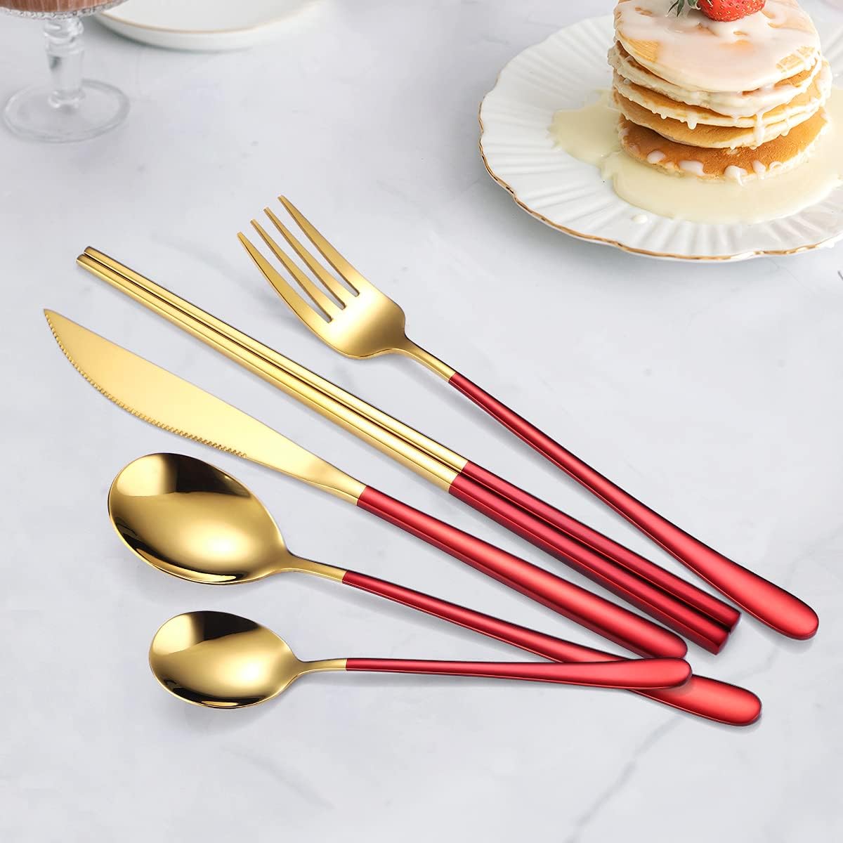 AARAINBOW 6 Pieces 18/8 Stainless Steel Flatware Set Portable Reusable Cutlery Set Travel Utensils Set Including Chopsticks Knife Fork Spoon Straws Cleaning Brush Dishwasher Safe (Red golden)