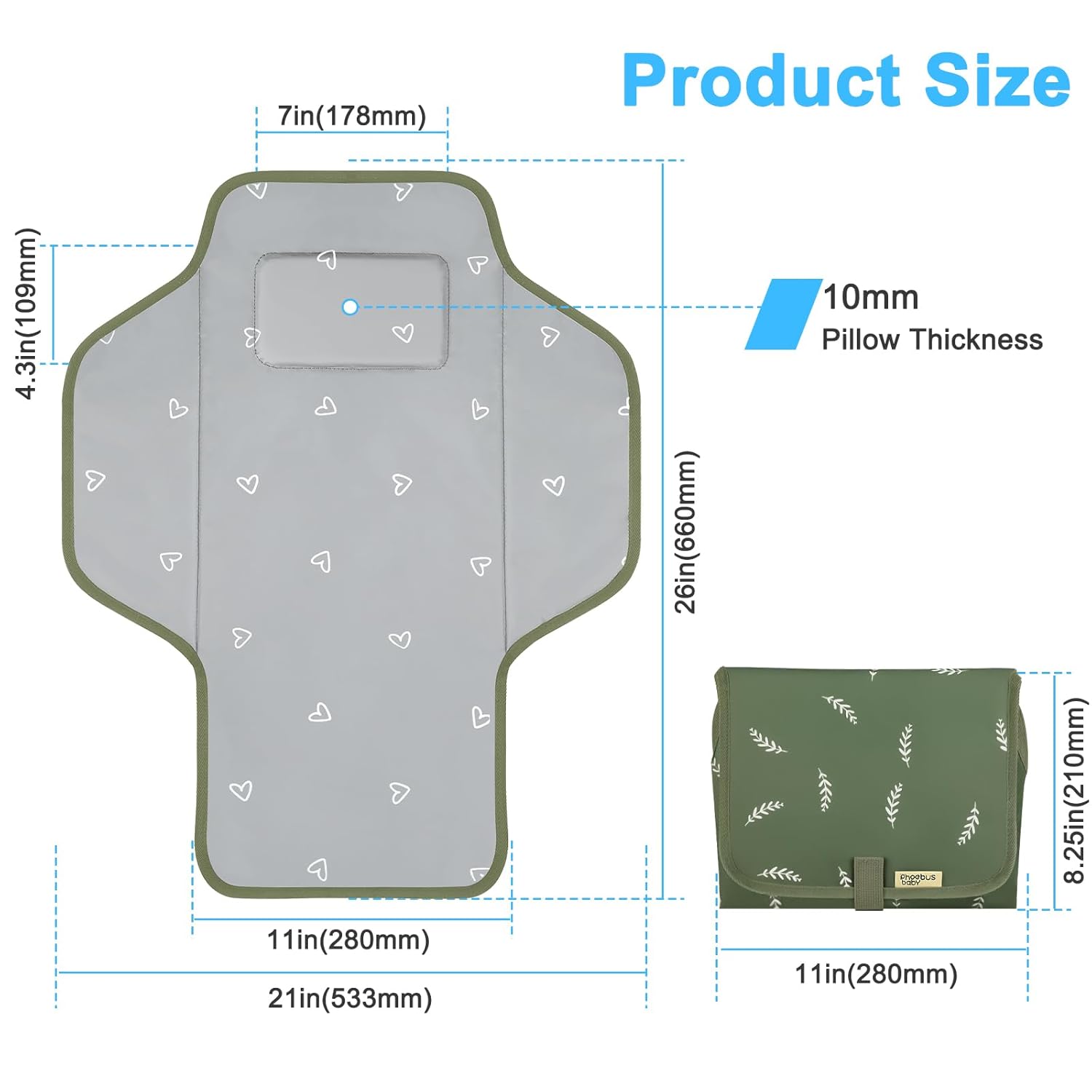 Baby Portable Changing Pad Travel - Waterproof Compact Diaper Changing Mat with Built-in Pillow - Lightweight & Foldable Changing Station, Newborn Shower Gifts