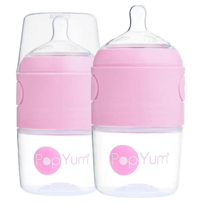 PopYum 5 oz Pink Anti-Colic Formula Making/Mixing/Dispenser Baby Bottles, 2-Pack with #1 Slow Flow Nipples, 150 ml, BPA-Free, Natural Latch-BubblyBeeBaby