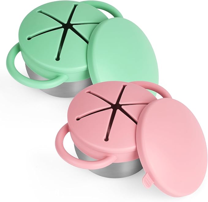 2 Pack Snack Cups for Toddlers Spill Proof - Detachable Stainless Steel Toddler Snack Cups with Silicone Lids & Handles - Dishwasher Safe Baby Snack Containers for Mess-Free Snacking (Green and Pink)-BubblyBeeBaby