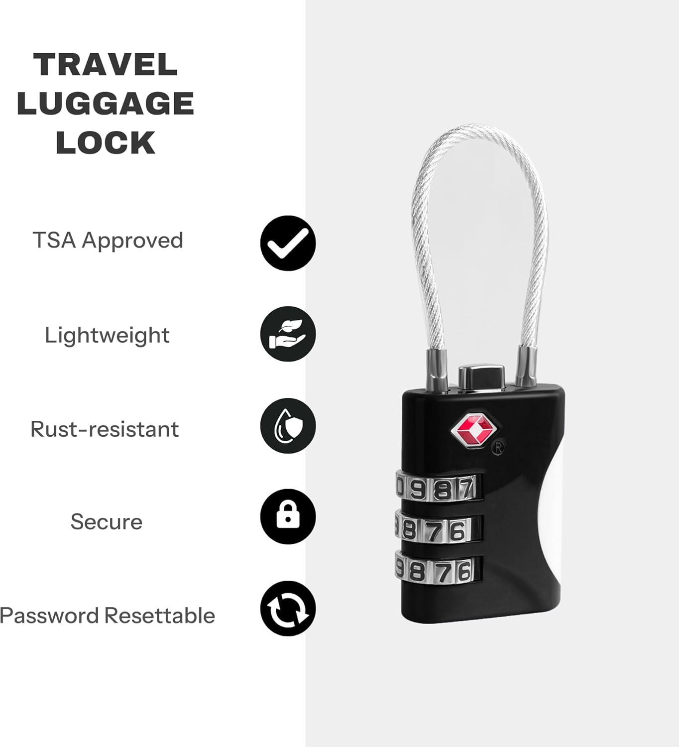 TSA Approved Luggage Locks - Small Combo Travel Padlock with Cable, TSA 007 Suitcase & Backpack Security, Durable & Easy to Use (Black+Black)