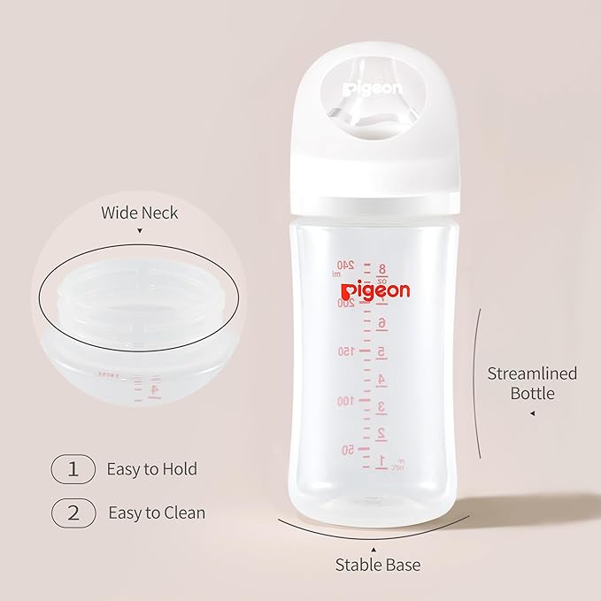 Pigeon PP Nursing Bottle Wide Neck, Anti-Colic, Streamlined Body, Natural Feel, Easy to Clean, 8.1 Oz(Pack of 4), Includes 4pcs M Nipples (3m+)-BubblyBeeBaby