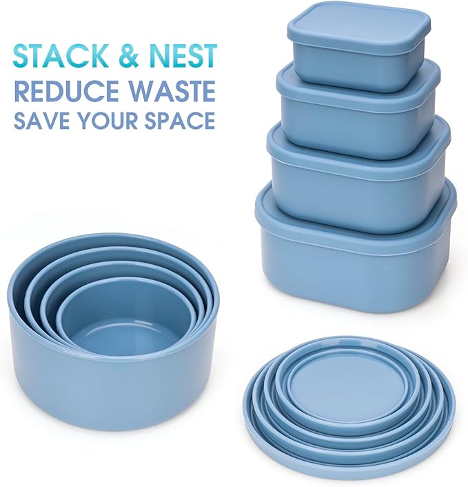 100% Silicone Food Storage Containers with Lids, 8 Pack, 10oz to 51oz, Reusable Leakproof Nesting & Stackable Silicone Bento Lunch Box, Microwave Freezer Dishwasher Oven Safe, BPA Free, Slate Blue-BubblyBeeBaby