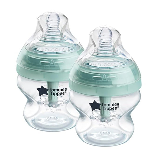 Tommee Tippee Advanced Anti-Colic 5 oz BPA Free Baby Bottles, Newborn 0+ Months, Slow Flow Breast-Like Nipple, Unique Design Keeps Air Away from Milk and Baby, Clear, Pack of 2-BubblyBeeBaby
