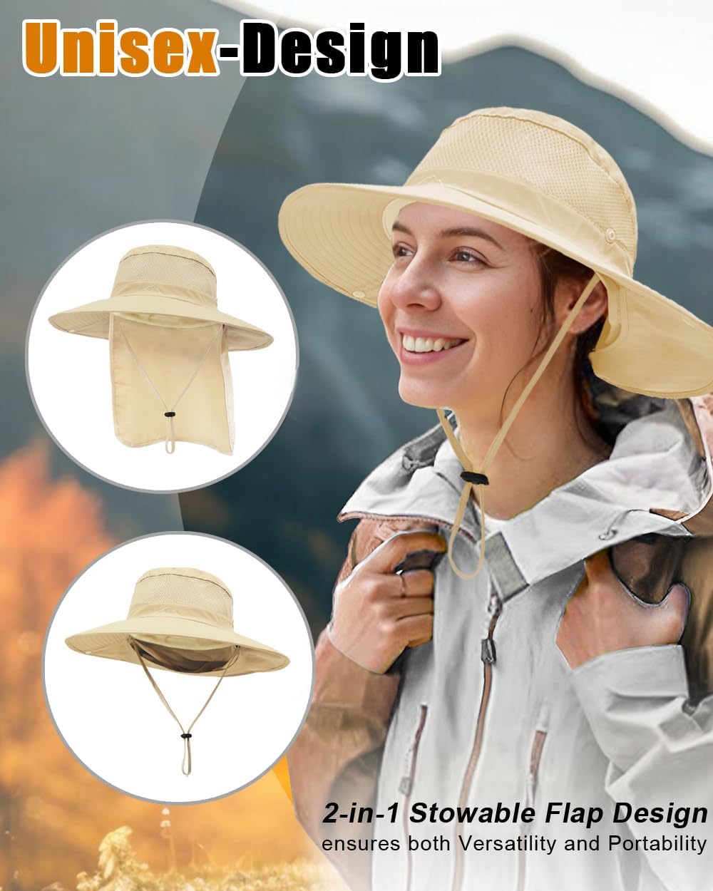 Outdoor Sun Hats with Stowable Neck Flap for Men Women UPF 50+ Mesh Summer Bucket Hat Wide Brim for Fishing Safari Hiking
