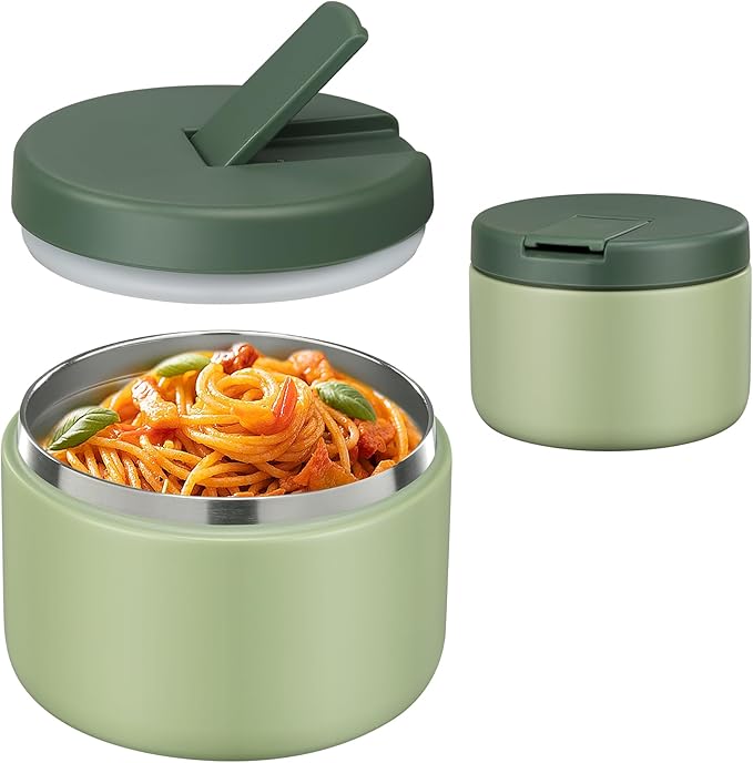 12oz Insulated Vacuum Food Jar with Buckle Lid Wide Mouth Soup Thermo for Hot Food Kids Leakproof Stainless Steel Lunch Container- Green- 1Pack-BubblyBeeBaby
