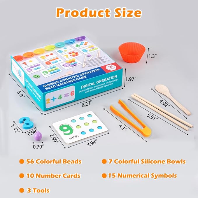Montessori Arithmetic Math Toy Set, Toddler Wooden Montessori Toys for 2 3 4 5 6 Years Old, Number Cognitive Clip Bead Matching Game, Boy Girl Birthday Gift-BubblyBeeBaby