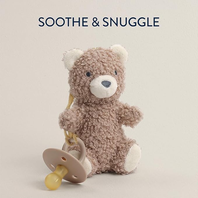 Itzy Ritzy Pacifier & Lovey Set - Natural Rubber Paci with Stuffed Animal Lovey - Detachable Plush Bear Pacifier Holder & Coordinating Natural Rubber Soother, Ideal for Ages 0-6 Months (Bear)-BubblyBeeBaby