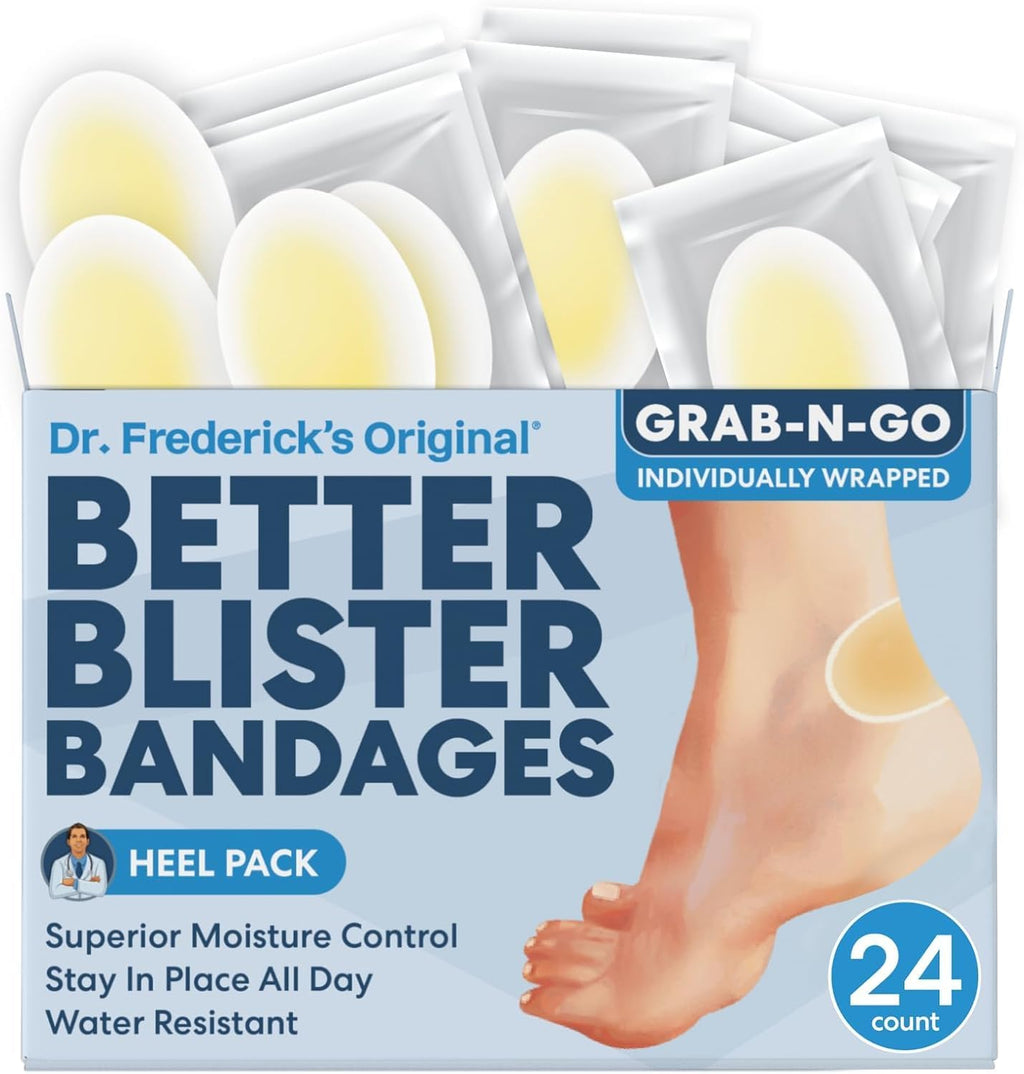Dr. Frederick's Original Better Blister Bandages - 24 ct - Healing Blister Pads - Grab-N-Go - Water Resistant - 40% More Cushioning - Hydrocolloid - Feet, Toe, & Heel Blister Prevention - Heel Pack