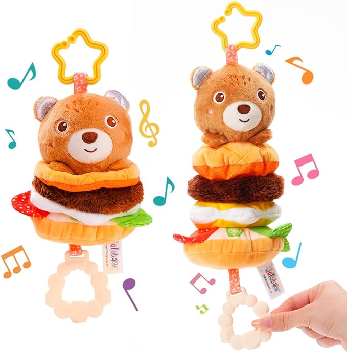 Jollybaby Baby Musical Pull String Hanging Toys for Stroller Car Seat Crib Play Gym, Plush Stuffed Hamburg Bear Toy for Carseat with Music Teether Crinkle, Sensory Toy for 0-6-12-18 Months Baby Gifts-BubblyBeeBaby