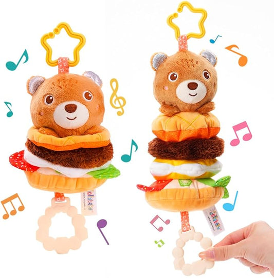 Jollybaby Baby Musical Pull String Hanging Toys for Stroller Car Seat Crib Play Gym, Plush Stuffed Hamburg Bear Toy for Carseat with Music Teether Crinkle, Sensory Toy for 0-6-12-18 Months Baby Gifts-BubblyBeeBaby