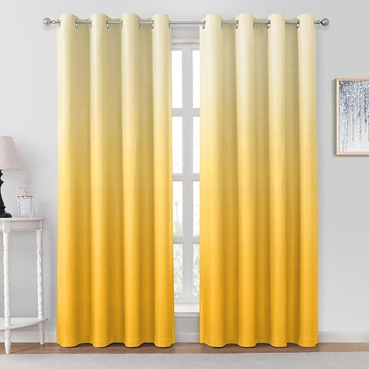 HOMEIDEAS Mustard Yellow Ombre Blackout Curtains 52 X 84 Inch Length Gradient Room Darkening Thermal Insulated Energy Saving Grommet 2 Panels Window Drapes for Living Room, Bedroom-BubblyBeeBaby