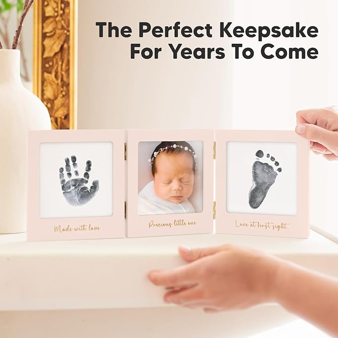 Inkless Baby Handprint and Footprint Kit for Newborn - Baby Footprint Kit, Newborn Keepsake Nursery Picture Frame,Dog Paw Print Maker,Personalized Gifts for New Mom,Showers & Registry(Petal Pink/Gold)-BubblyBeeBaby