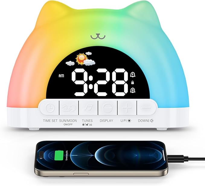 Kids Alarm Clock, OK to Wake Clock for Kids, Cat Clock with 11 Colors Night Light, 10 Soothing Sounds, Child Lock, Dual Alarms, Sleep Training, Birthday Gift for Boy Girls Children-BubblyBeeBaby