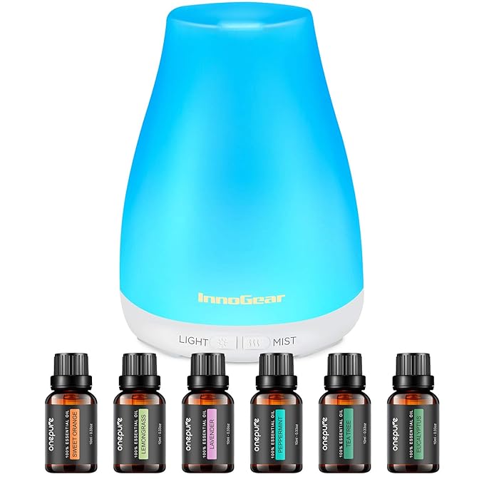 InnoGear Essential Oil Diffuser with Oils, 100ml Aromatherapy Diffuser with 6 Essential Oils Set, Aroma Cool Mist Humidifier Gift Set, White-BubblyBeeBaby