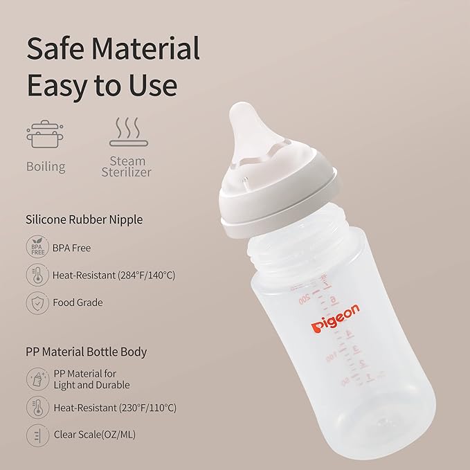 Pigeon PP Nursing Bottle Wide Neck, Anti-Colic, Streamlined Body, Natural Feel, Easy to Clean, 8.1 Oz(Pack of 4), Includes 4pcs M Nipples (3m+)-BubblyBeeBaby