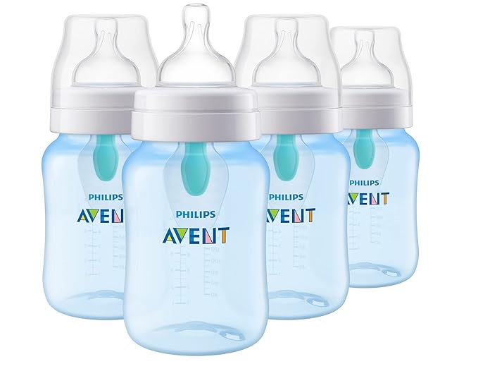 Philips Avent Anti-Colic Bottle with AirFree Vent, 9oz, with Flow 2 Nipples, 1m+, 4pk, Blue, SCY703/24-BubblyBeeBaby