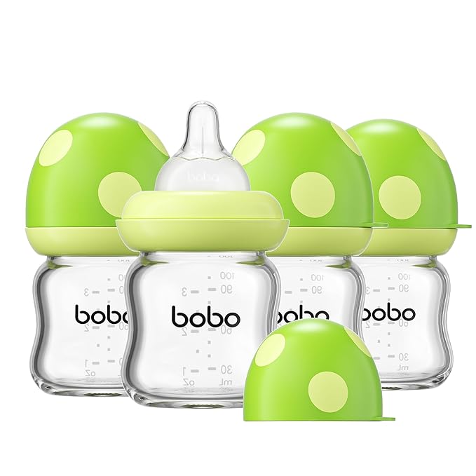 YOHKOH Natural Glass Baby Bottle with Natural Response Nipple, Newborn Anti-Colic Baby Bottles, Wide Neck Mushroom Cap Baby Bottle, Clear (Green, 3.4oz (Pack of 4))-BubblyBeeBaby