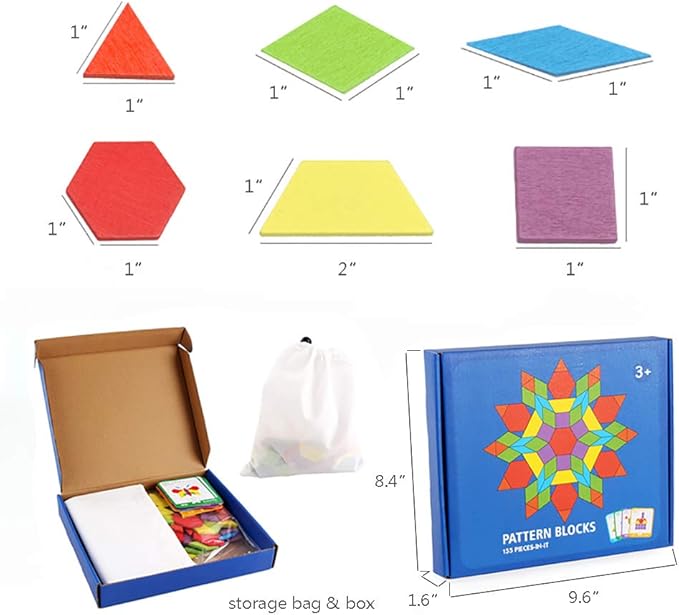 155 Pcs Wooden Pattern Blocks Set Geometric Shape Puzzle Kindergarten Classic Educational Montessori Tangram Toys for Kids Ages 4-8 with 24 Pcs Design Cards-BubblyBeeBaby