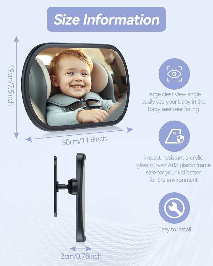 Baby Car Mirror for Backseat - Rear Facing Car Seat Mirror Safety for Infant Newborn - Easily Observe the Baby Move,Clear Wide View,360°Rotation, Secure, Shatterproof - Black-BubblyBeeBaby