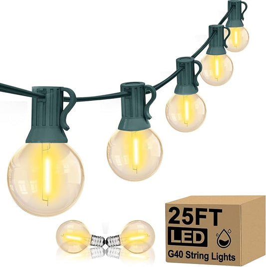 25FT LED Outdoor Christmas String Lights Waterproof, Hanging G40 Globe Patio Lights with 27 LED Shatterproof Warm White Bulbs, Outdoor Christmas Decorations Light for Wedding Party Backyard, Green-BubblyBeeBaby