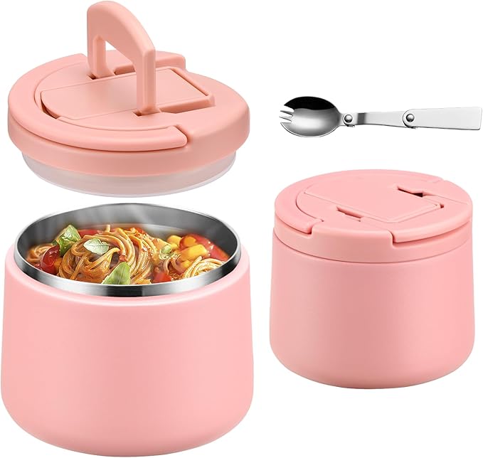 14oz Insulated Vacuum Food Jar with Buckle Lid,Soup Thermo for Hot Food Kids,Wide Mouth Leakproof Stainless Steel Lunch Container with Spoon-Pink-BubblyBeeBaby