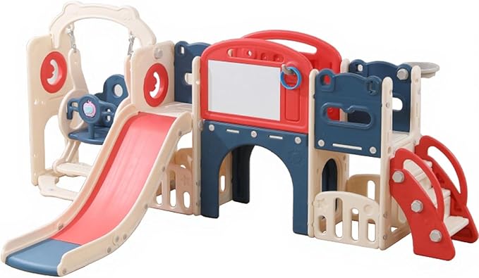 12 in 1 Toddler Outdoor Playset with Swing, Indoor Swing and Slide Set Playground for Toddlers 1-3, Durable Climber Basketball Hoop Ball Toddler Indoor Playset for Home Playground - Red Blue-BubblyBeeBaby