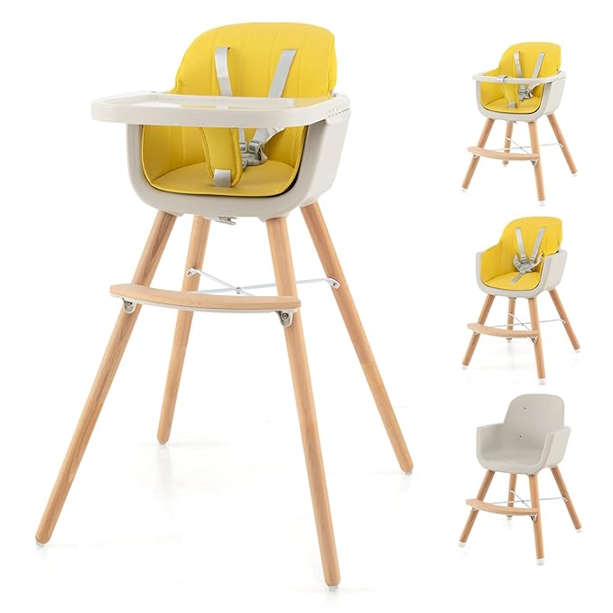 HONEY JOY High Chair, 3-in-1 Eat & Grow Wooden Highchair/Booster Seat/Toddler Chair with Removable Tray, 5-Point Harness, PU Cushion and Footrest for Baby, High Chair for Babies and Toddlers Yellow-BubblyBeeBaby