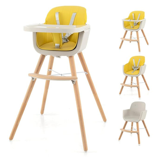 HONEY JOY High Chair, 3-in-1 Eat & Grow Wooden Highchair/Booster Seat/Toddler Chair with Removable Tray, 5-Point Harness, PU Cushion and Footrest for Baby, High Chair for Babies and Toddlers Yellow-BubblyBeeBaby