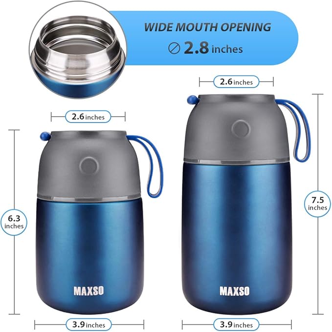 Insulated Thermo Food Jar for Hot & Cold Food for Kids Adult, 17&24 oz Soup Thermal Hot Food Containers for Lunch, Triple Layer Insulation Stainless Steel Food Jar with Spoon (2 Pack Blue)-BubblyBeeBaby