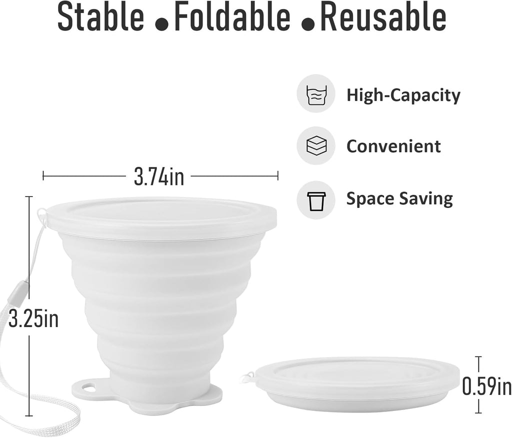 JBER Silicone Collapsible Travel Cup, 4 Pack Silicone Folding Camping Cup with Lids Expandable Drinking Cup for Outdoor Hiking Travel (White Translucent)