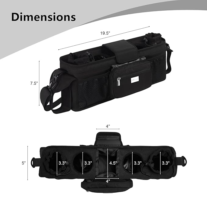 TOPDesign Universal Baby Stroller Organizer, Double Stroller Caddy with Detachable Mesh Bag & Heightened Insulated Cup Holders & Non-Slip Secure Hooks Accessories, Fits Most Strollers (Black)-BubblyBeeBaby
