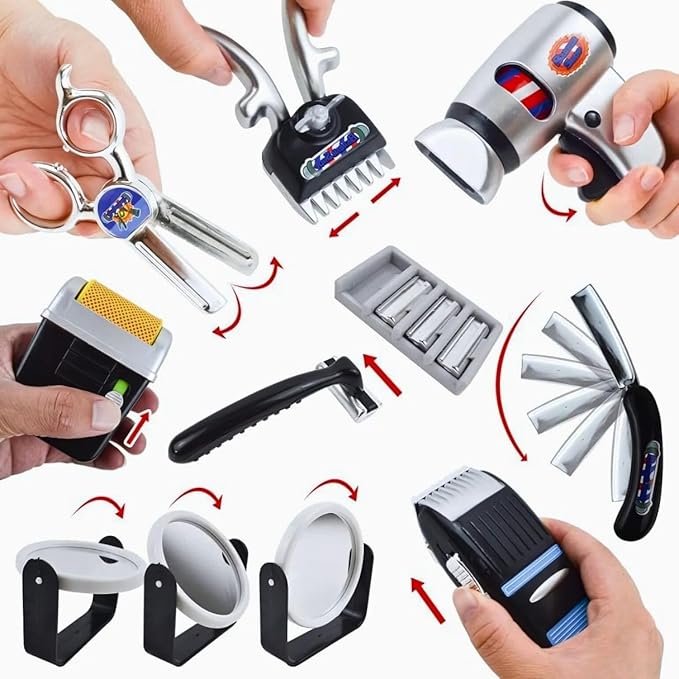 24 Pcs Barber Shop Pretend Play Toy - My First Shaving and Grooming Haircut Kit Toddler Role Play Set with Styling Accessories & Storage Box for Kids, Boys-BubblyBeeBaby