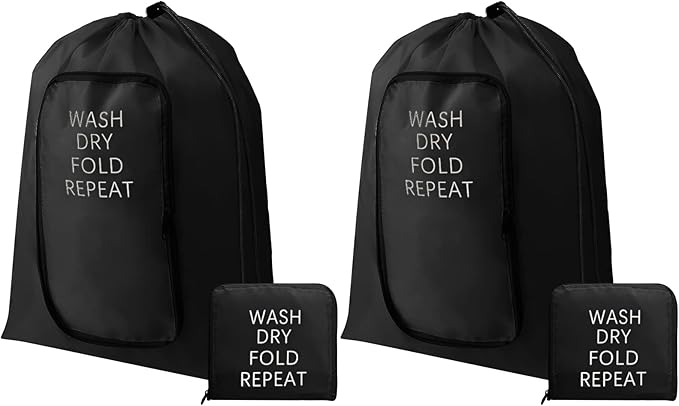 2 Pcs Travel Laundry Bag Washable Dirty Clothes Bag with Drawstring and Zipper for Suitcase, 22 x 18 Inch (Black,Classic)-BubblyBeeBaby
