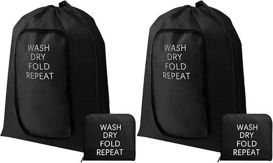 2 Pcs Travel Laundry Bag Washable Dirty Clothes Bag with Drawstring and Zipper for Suitcase, 22 x 18 Inch (Black,Classic)-BubblyBeeBaby