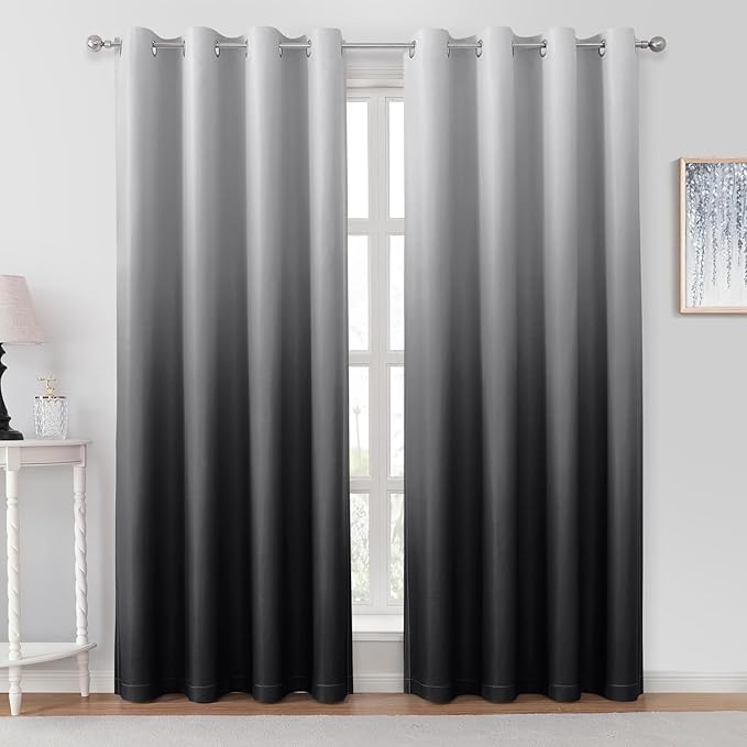 HOMEIDEAS Black Ombre Blackout Curtains 52 X 84 Inch Length Gradient Room Darkening Thermal Insulated Energy Saving Grommet 2 Panels Window Drapes for Living Room, Bedroom-BubblyBeeBaby