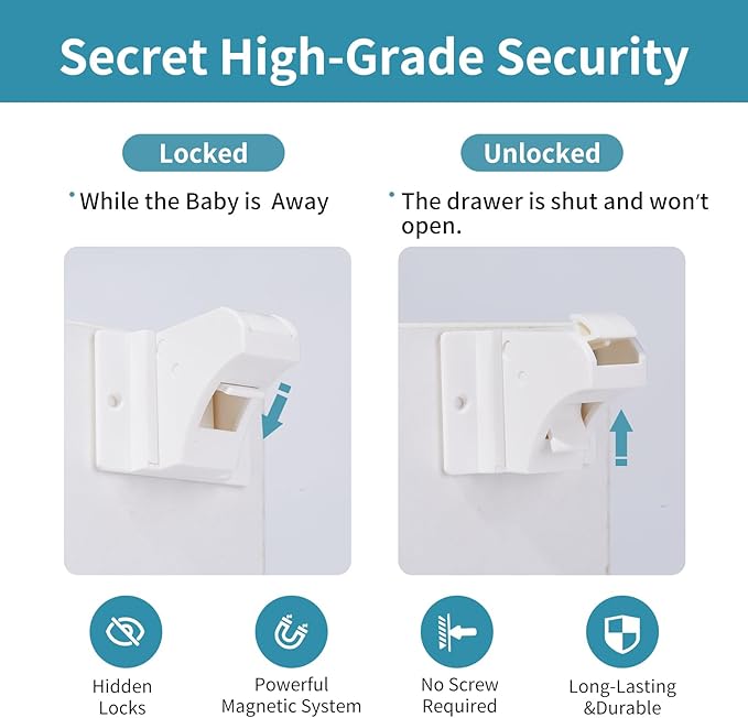 20 Pack Child Safety Magnetic Cabinet Locks - Safeasy Adhesive Baby Proofing Cabinets & Drawers Latches-BubblyBeeBaby