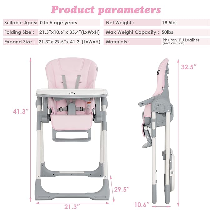 INFANS High Chair for Babies & Toddlers, Foldable Highchair with Multiple Adjustable Backrest, Footrest and Seat Height, Removable Tray, Detachable PU Leather Cushion, Built-in Rear Wheels (Pink)-BubblyBeeBaby