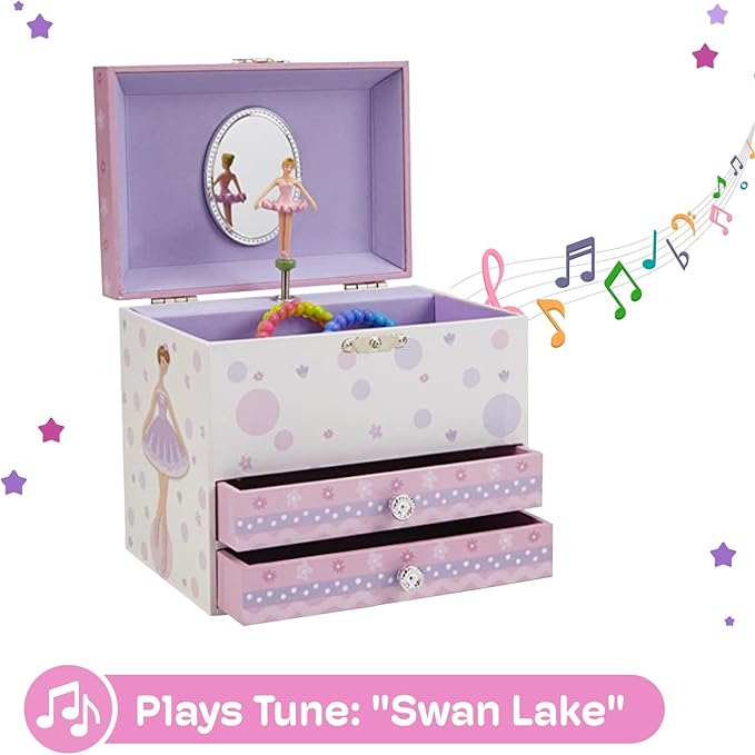 Jewelkeeper Jewelry Box for Girls with Ballerina and Music Box - Dual Drawers and Spacious Storage - Swan Lake Tune - White and Purple Jewelry Keepsake Chest - 6 x 6.75 x 5.25 Inches-BubblyBeeBaby