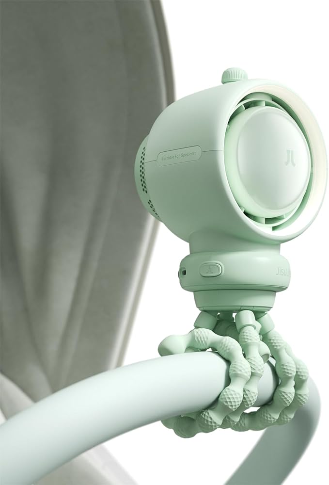JISULIFE Stroller Fan Baby Large, Safe Bladeless for Crib, Desk, Portable Battery Rechargeable Cooling Fan with Air Turbo Tech, LED Display, Night Light, Food-Grade Gift for Mom/Dad/Friend - Green-BubblyBeeBaby