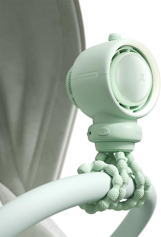 JISULIFE Stroller Fan Baby Large, Safe Bladeless for Crib, Desk, Portable Battery Rechargeable Cooling Fan with Air Turbo Tech, LED Display, Night Light, Food-Grade Gift for Mom/Dad/Friend - Green-BubblyBeeBaby