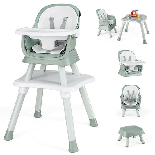 HONEY JOY 8 in 1 Baby High Chair, Convertible Highchair for Babies and Toddlers/Table and Chair Set/Building Block Table/Booster Seat/Stool/Toddler Chair with Safety Harness (Green)-BubblyBeeBaby