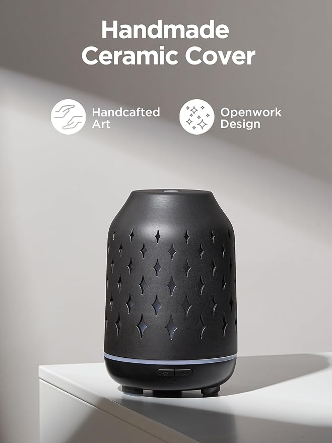 InnoGear Aromatherapy Diffuser, 150ml Ceramic Diffuser Ultrasonic Humidifier Cool Mist Essential Oil Diffusers for Home Air Diffuser with 2 Mist Modes Waterless Auto Off, Black-BubblyBeeBaby