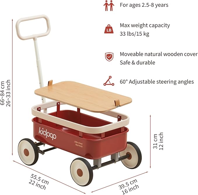 kidpop PULA-Wild 3-in-1 Kids' Pull-Along Wagon Toddlers Push Walker for 2.5-8, Removable Wooden Cover and Adjustable Handlebar, Birthday Gifts Max Weight 33 lbs (Red)-BubblyBeeBaby